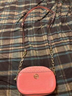 Michael Kors Coral Pink Pebbled Leather Crossbody with Gold Chain